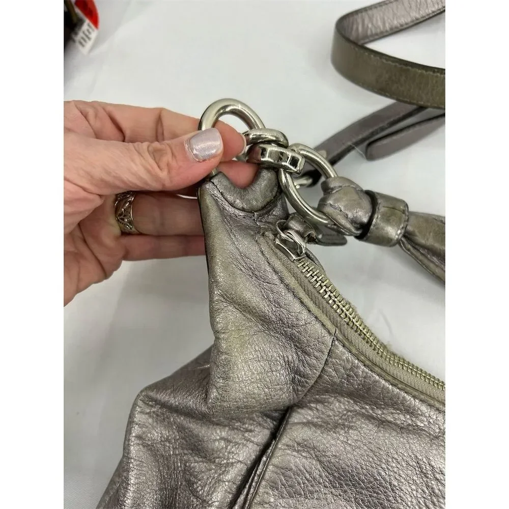 Coach Women's Kristin Metallic Silver Leather Hobo Bag Crossbody Flawed